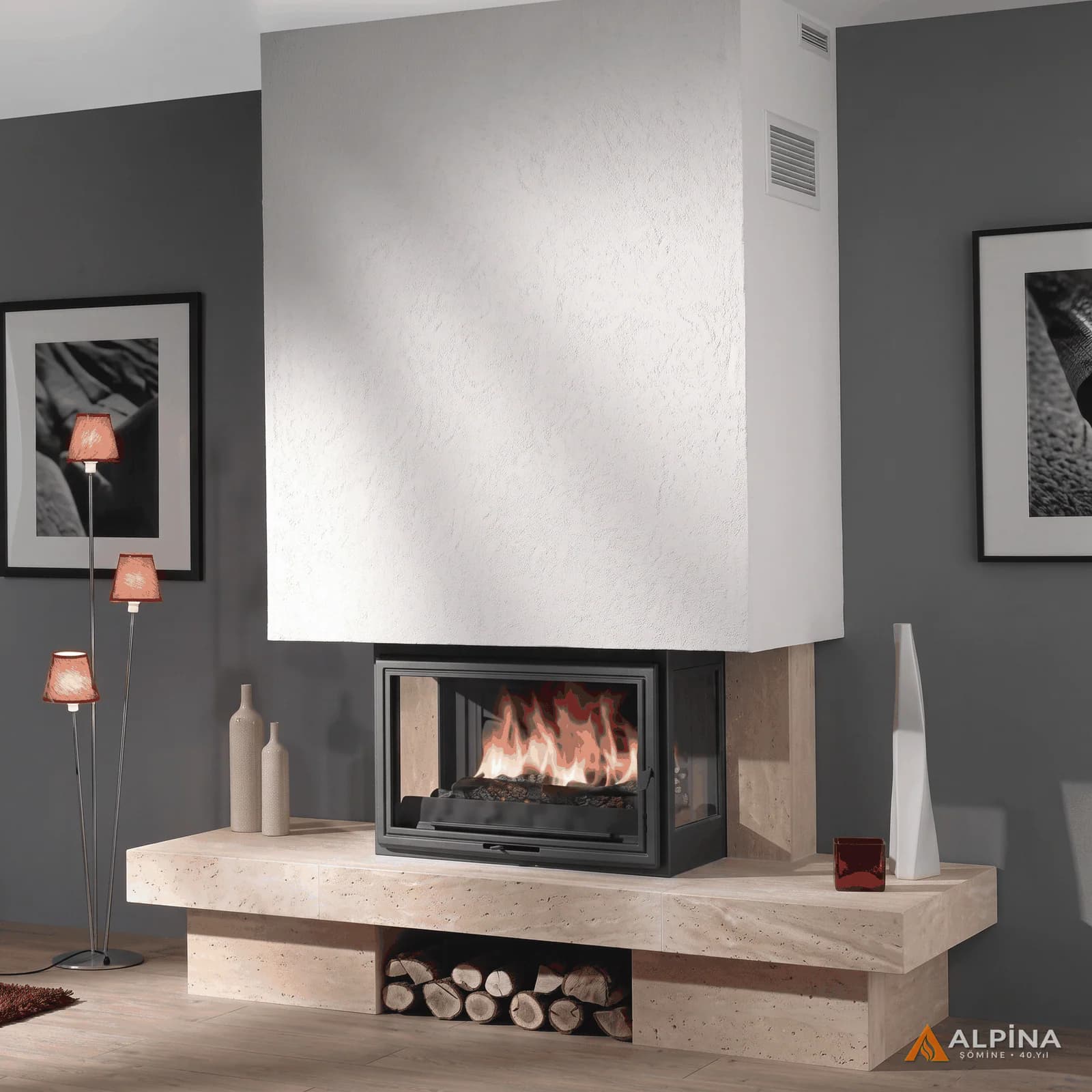 70 cm Üç Taraf Camlı Modern Odunlu Şömine — Odunlu, ürün kodu ALP-OD-0018