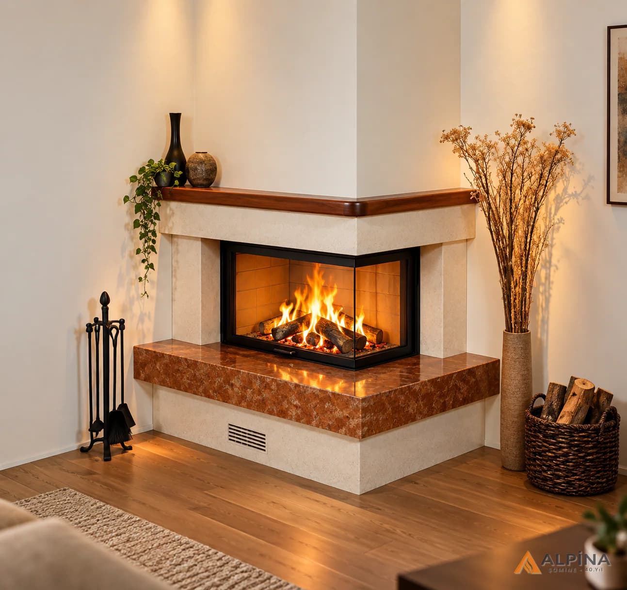 Ahşap Raflı Köşe Tipi Modern Odunlu Şömine — Odunlu, ürün kodu ALP-OD-0021