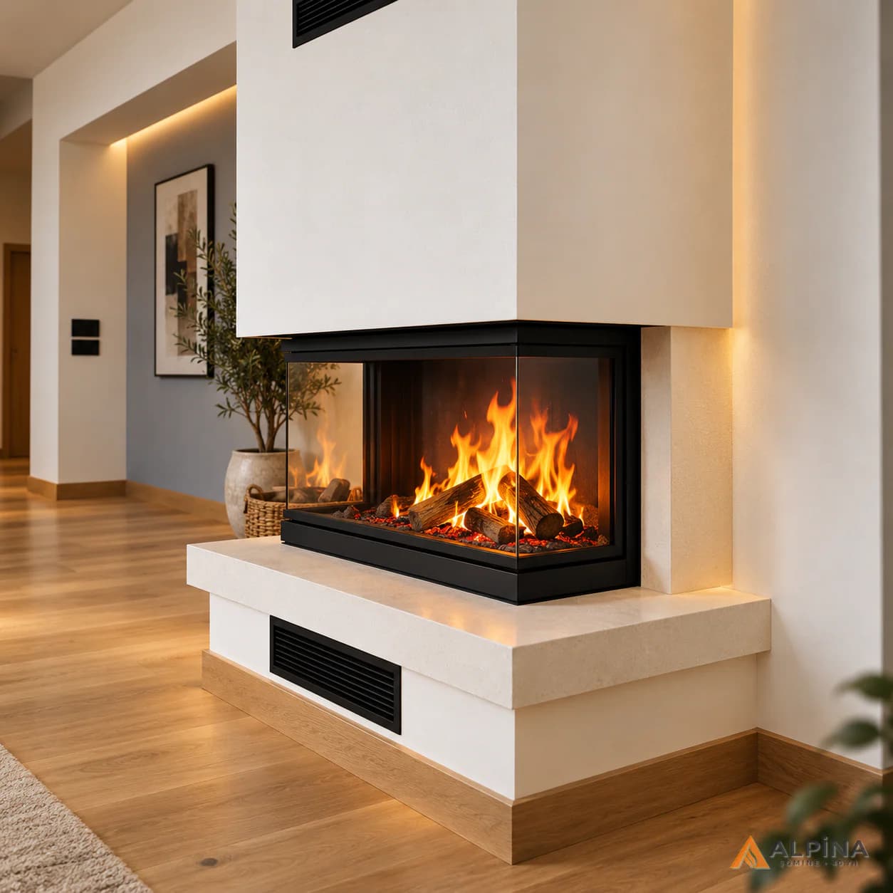Oturma Kaideli Üç Tarafı Camlı Modern Odunlu Şömine — Odunlu, ürün kodu ALP-OD-0023